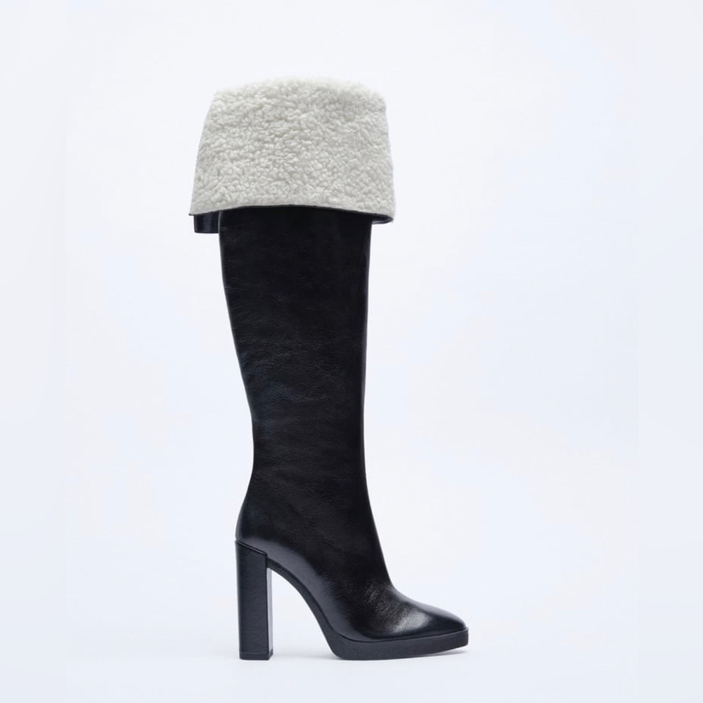 Over the knee leather boots with faux shearling